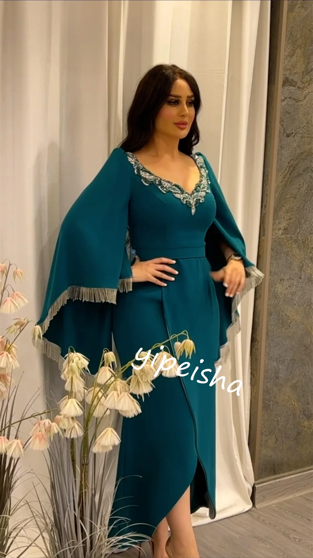 Robe de soirée mi-longue à pampilles en jersey d'Arabie saoudite, gaine Quinceanera en biscuits, robes d'occasion sur mesure, col en V