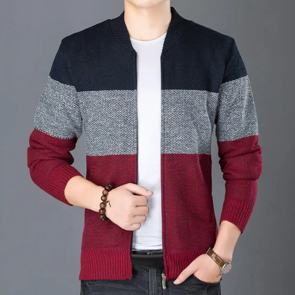 

Men's Knitted Cardigans Contrast Color Stripes Cardigan Coat Slim Fit Sweater Coat V-neck Long Sleeve Slim Fit Zipper Sweater