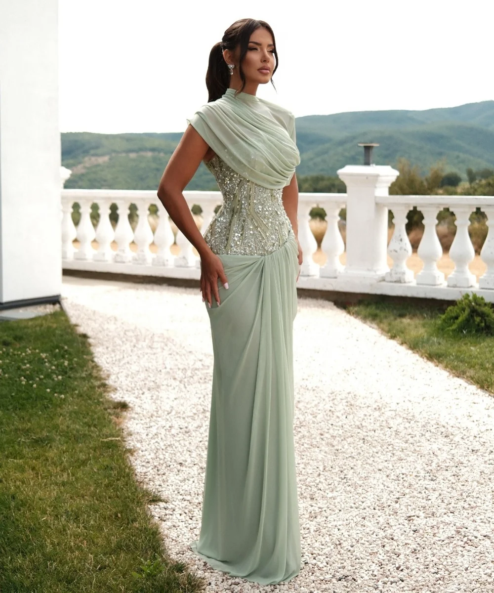 Customized Fashion Chiffon Pleat Sequined Straight High Collar Long Evening Dresses Luxury 2026 Evening Dresses