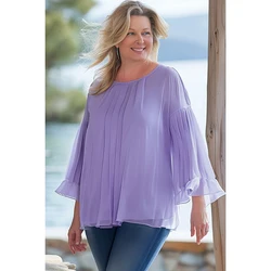 Blusa plisada de gasa con mangas acampanadas, Tops de cuello redondo, color morado, talla grande, informal, uso diario