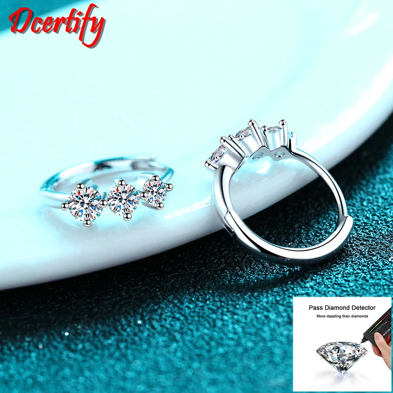 Total 0.72CT Moissanite Huggie Hoop Earrings Women White Gold 10K Three Stones Ear Studs Wedding Fine Jewelry Beautiful Box