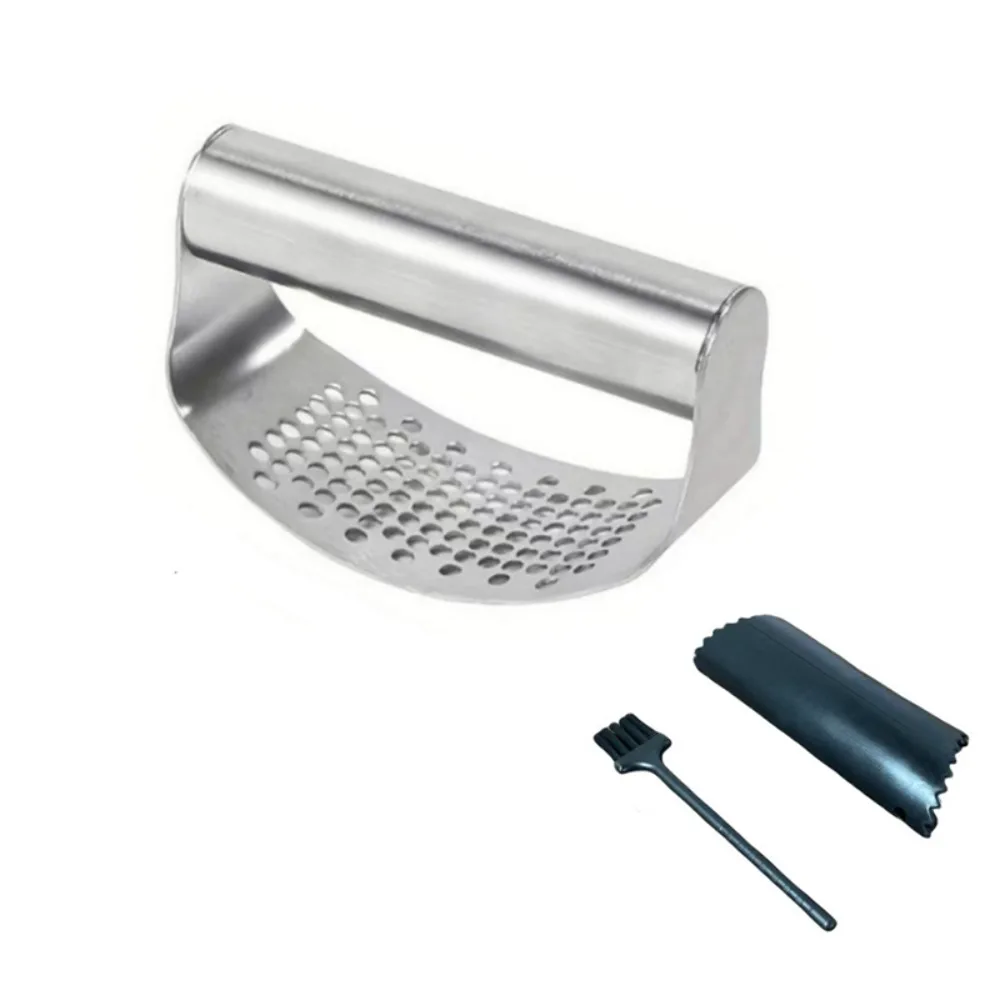 

Manual Stainless Steel Garlic Press Set Ergonomic Handle Rustproofing Rocker Garlic Crusher Curved Design Household