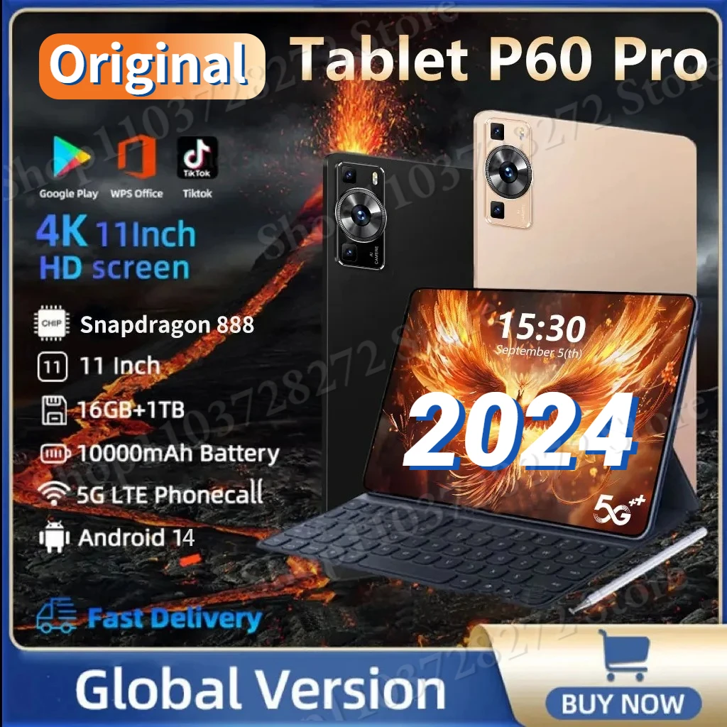 

HOT 2024 Original Global Version P60 Pro Tablets PC Android 13 Snapdragon 888 10000mAh 11 inch 16GB+1TB 5G HD 4K Screen WIFI Tab