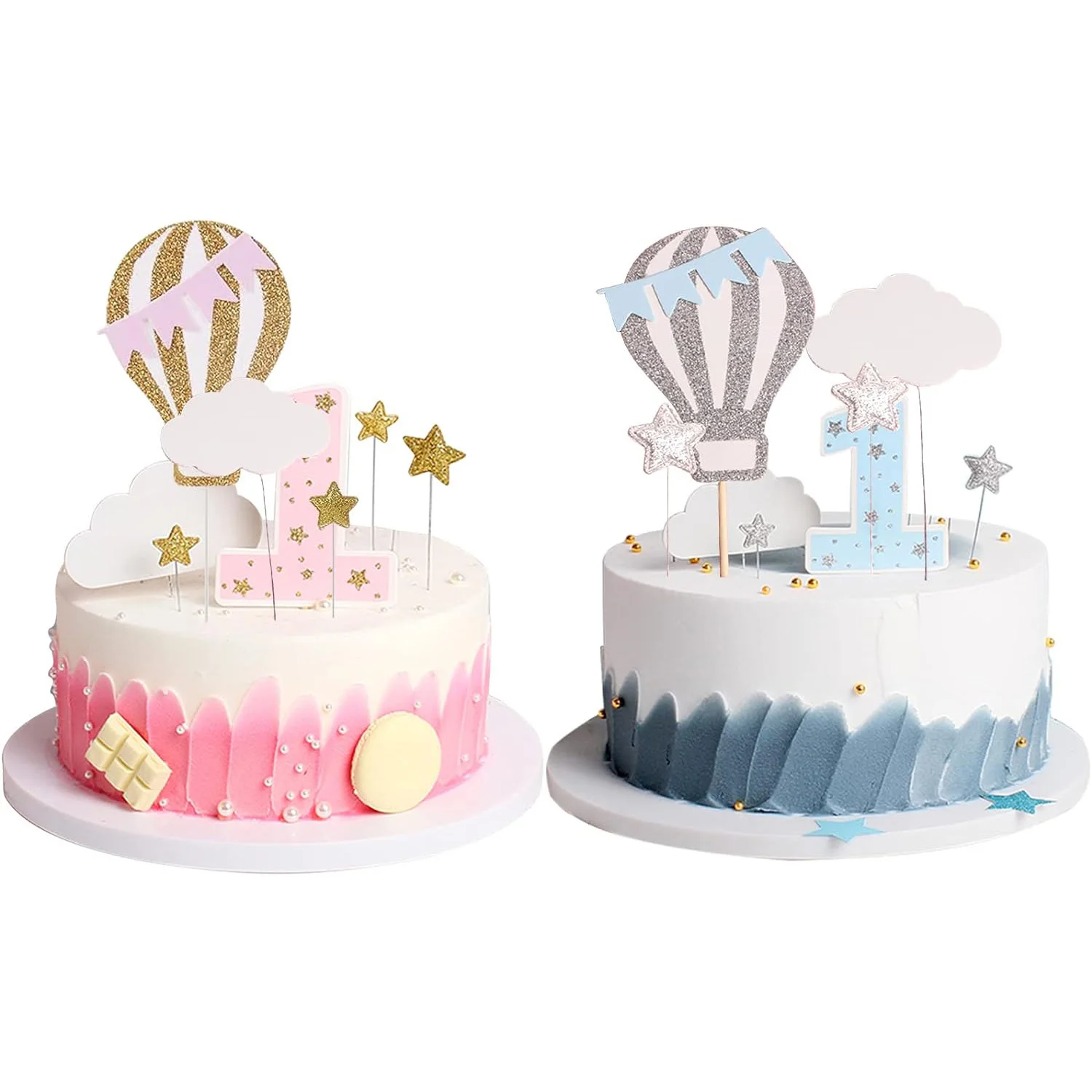 Juego De adornos para tarta De 1er cumpleaños, 24 Uds., globo De aire caliente para tarta con nubes blancas y estrellas brillantes, adorno para tarta De cumpleaños