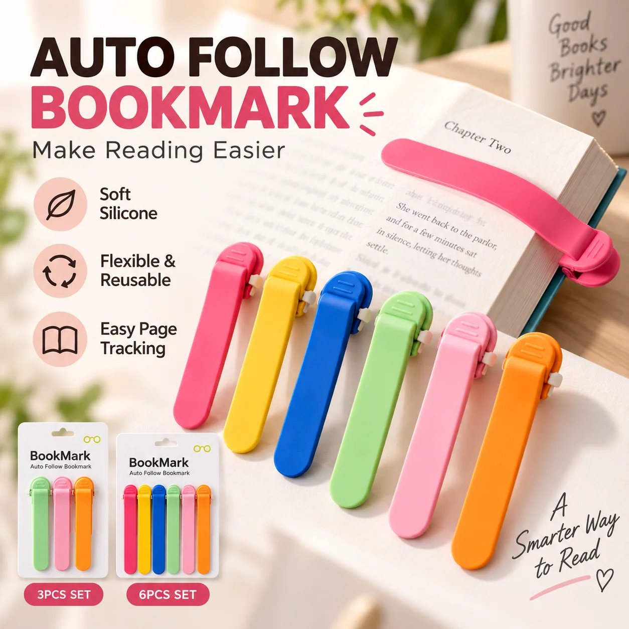 Auto Follow Bookmark Soft Silicone Page Holder Book Clip Flexible Reusable Reading Bookmark for Students Kids Office 3PCS 6PCS S
