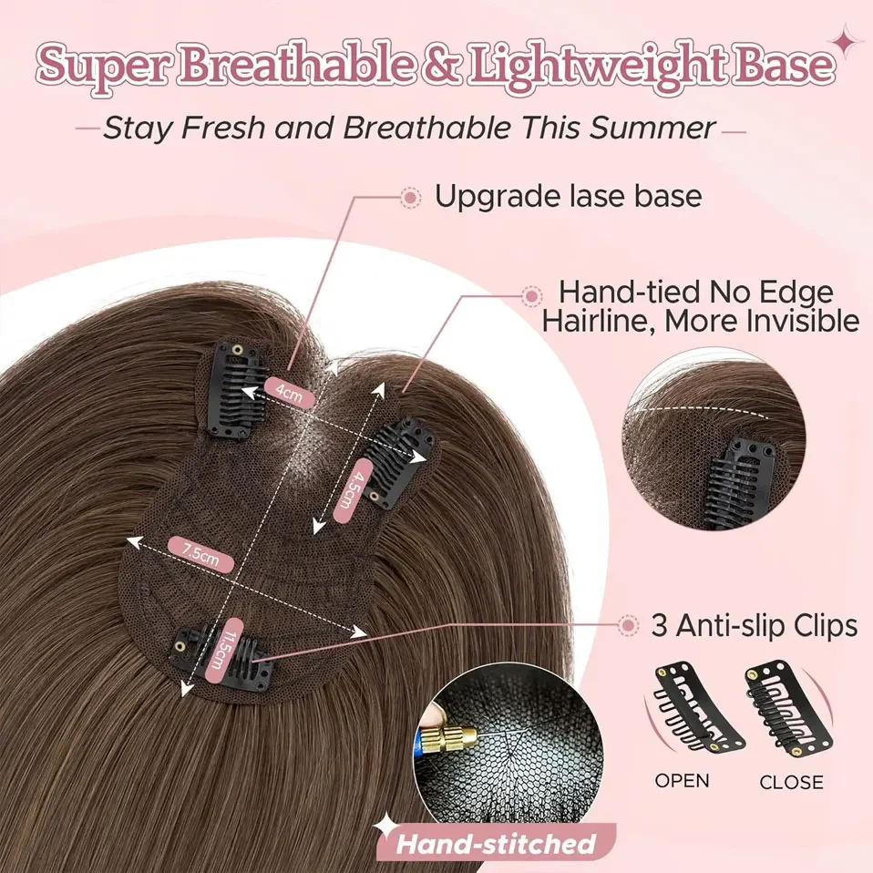 TESS Hair Toppers for Women Human Hair Side Bangs Hand-tied Lace Front Invisible Edges Breathable Fluffy Clip in Top Hairpieces