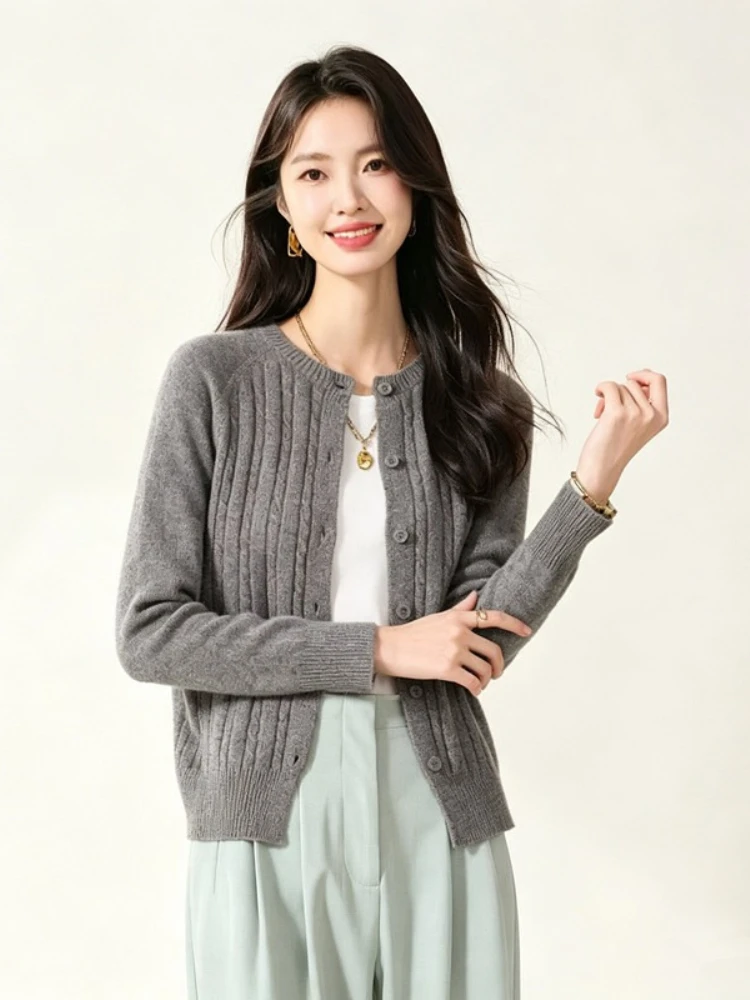 zjaiss 2026 Autumn Winter High End O-Neck Cable Knit Women Cardigan Soft Wool Casual Versatile Sweater Layered Outerwear