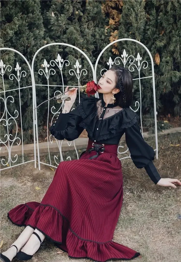 Vintage Gothic Two Piece Dress Sets Women Black Lace Ruffle Blouse + Lace-up Midi Skirt 2024 Winter Court Retro Casual Suits