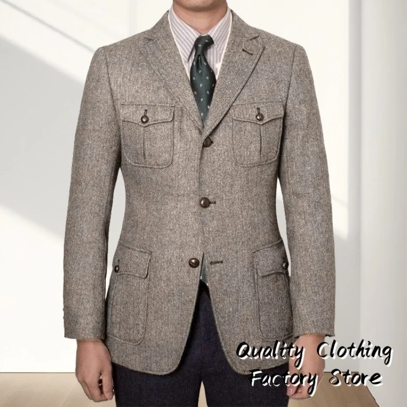 

Men's Herringbone Pattern Suit Jacket Vintage Single Breasted Multi-Pocket Slim Fit Blends Tweed Blazer 5 Colors XXS-6XL