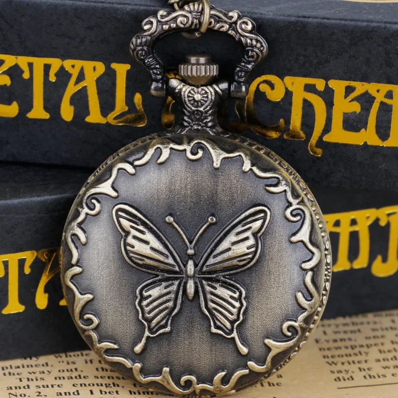 Steampunk Necklace Quartz Pocket Watch Steampunk Chain Butterfly Pattern Fob Watch Clock for Mens Womens