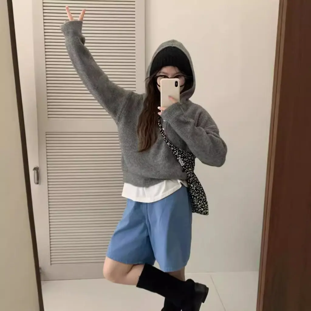 

Women's Loose Lazy Style Short Hooded Knitted Pullover Sweater Real Button Design Soft Waxy Thick Material Sense