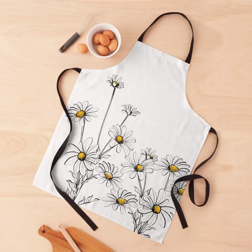 White Daisies flowers, Seamless hand drawn pattern with white daisies and green foliage on white background. Apron