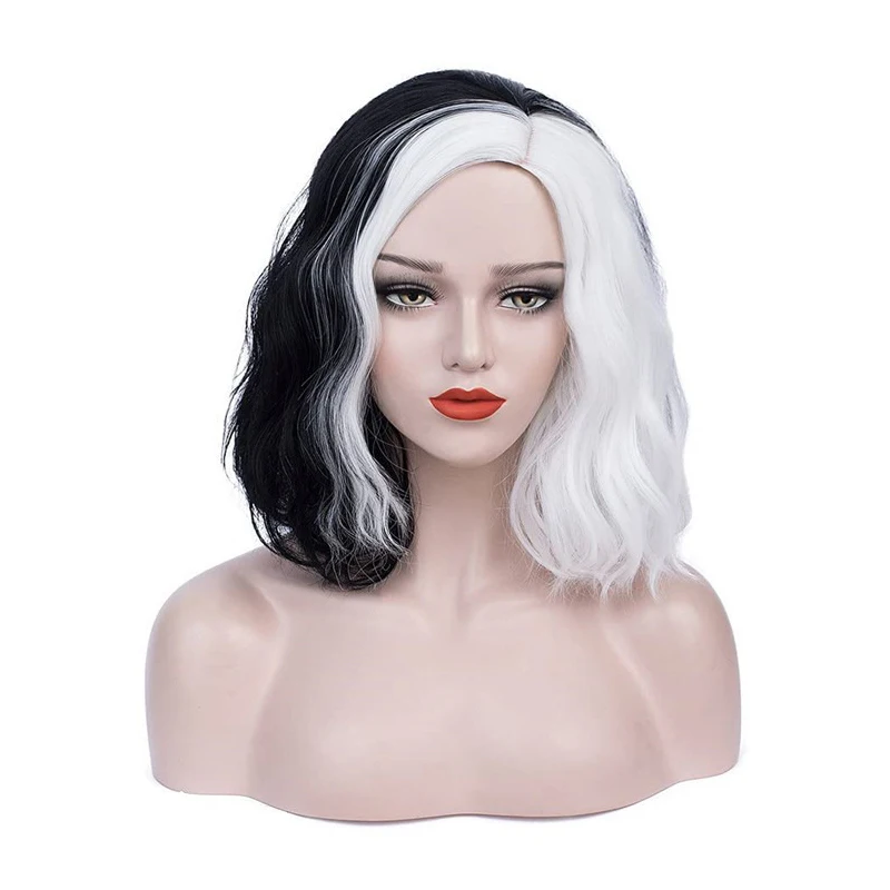 BERON Dames Kort Krullend Haar Zwart en Wit Yin-yang Pruik Golvende Pruik Halloween Cosplay Pruik Hoofdband