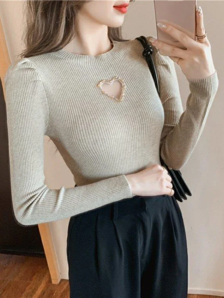 Crop Sweater Women O-neck Puff Sleeve Sweet Jumper Pull Femme 2024 Ropa Mujer Fashion Korean Knitted Love Hollow Out Pullovers