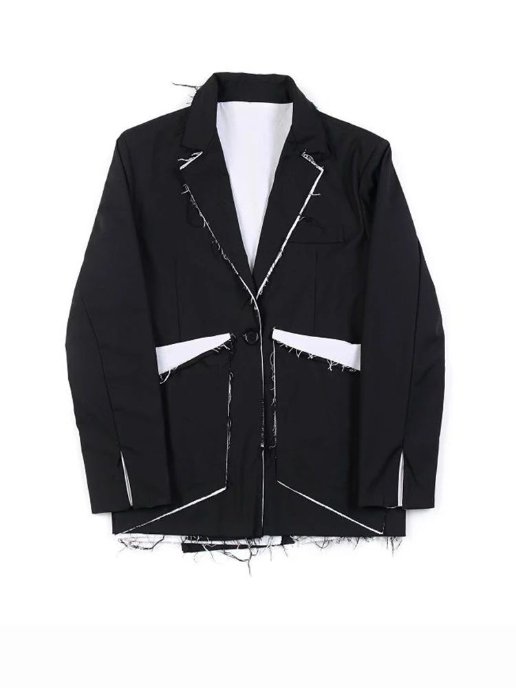 [EAM]  Women Black Color-block Burr Big Size Blazer New Lapel Long Sleeve Loose Fit Jacket Fashion Spring Autumn 2024 1DF1116