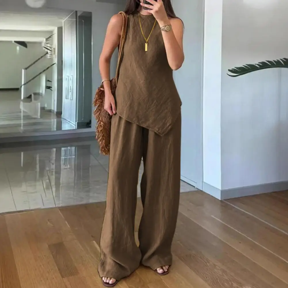 

Figure-flattering Set Stylish Women's Irregular Hem 2 Piece Lounge Set with Sleeveless Top Wide Leg Pants for Summer Casual