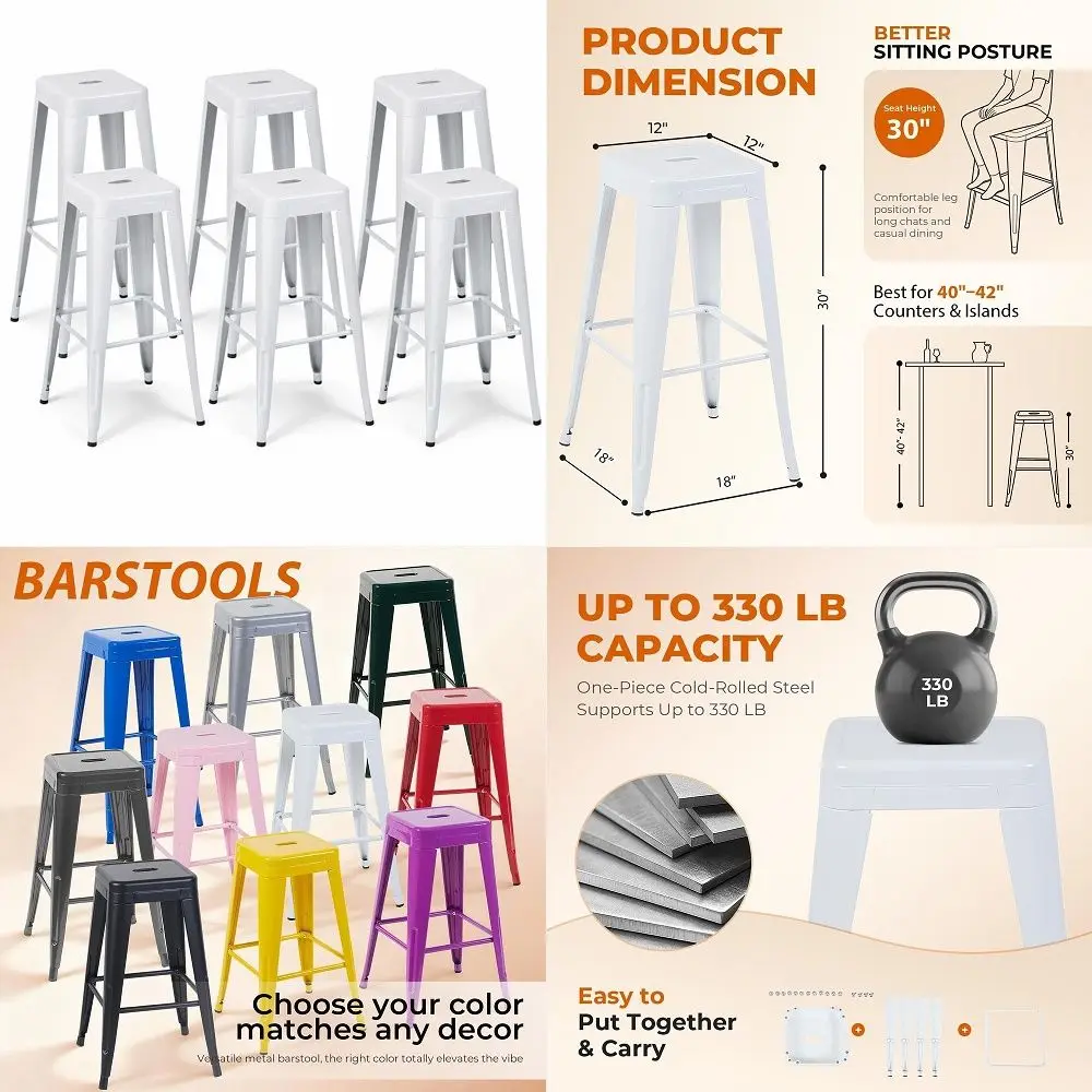 

White Metal Bar Stools Set of 6, 30 Inch Bar Height OnePiece Steel Stools, Sophisticated White High Stools for Cafe amp Bistro