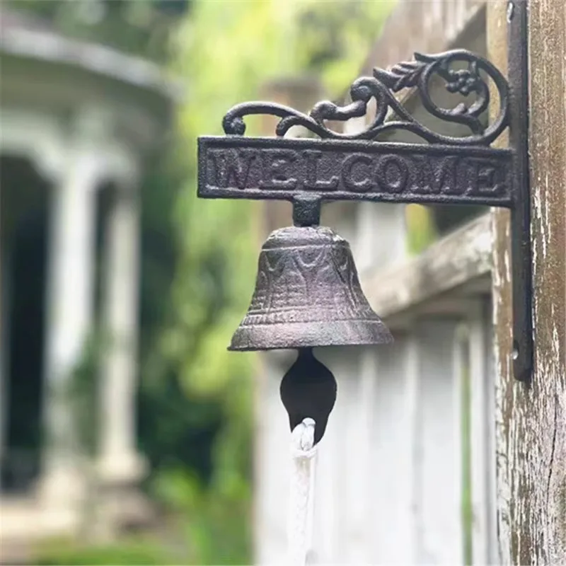 Heavy Duty Cast Iron Wall Hanging Bell Welcome Sign, Hanging Doorbell Home Decor Indoor Outdoor Wall Dinner Bell for Front Door