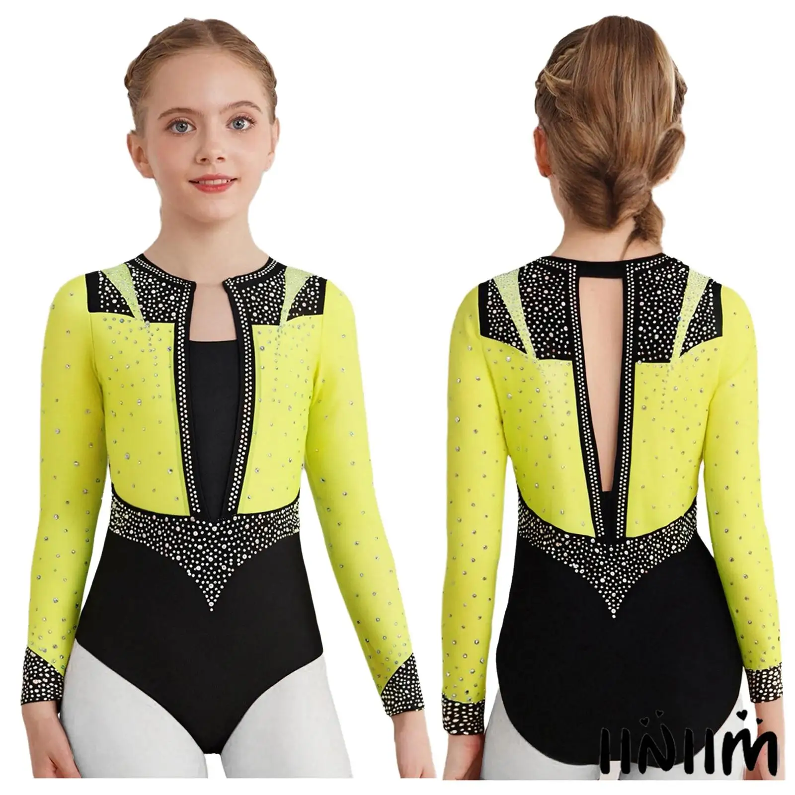 

Kids Girls Sparkling Rhinestones Ballet Dance Leotard Long Sleeve Gymnastics Jazz Latin Dancewear for Figure Skating Performance