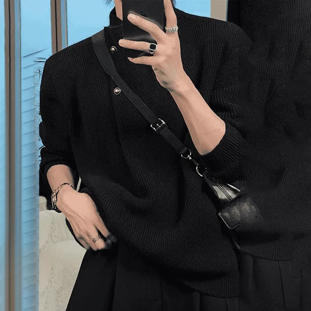 Autumn Winter New Fashion Trend Retro High Collar Button Design Sweater Mens Casual All-Match Loose Knit Sweater Mens Clothing