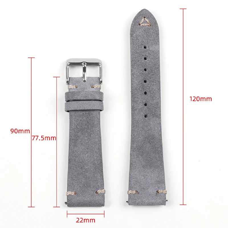 20mm 22mm High Quality Suede Leather Vintage Watch Straps Blue Grey Brown Watchbands Handmade Stitching Strap Watch Accessories