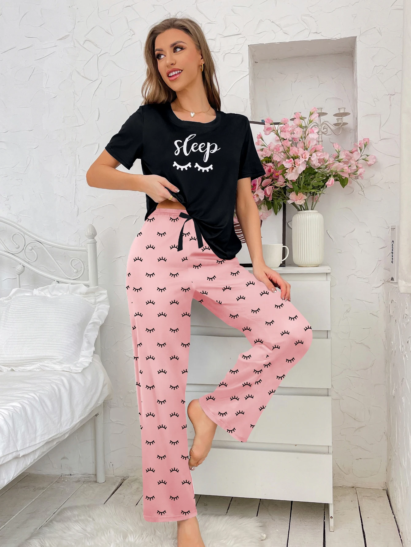 Women\'s new style home wear letter pattern short-sleeved blouse printed trousers two-piece casual pajamas set