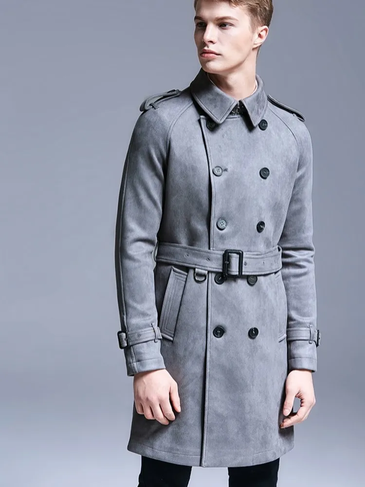 Business Men Autumn Work Faux Suede Leather Double Breasted Trench Coat Fashion Belted Slim Fit Windbreaker Overcoat Size S-6XL 4 Business Men Autumn Work Faux Suede Leather Double Breasted Trench Coat Fashion Belted Slim Fit Windbreaker Overcoat Size S-6XL 4
