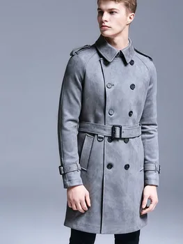 Men's Faux Suede Double-Breasted Trench Coat 4 Business Men Autumn Work Faux Suede Leather Double Breasted Trench Coat Fashion Belted Slim Fit Windbreaker Overcoat Size S-6XL 4