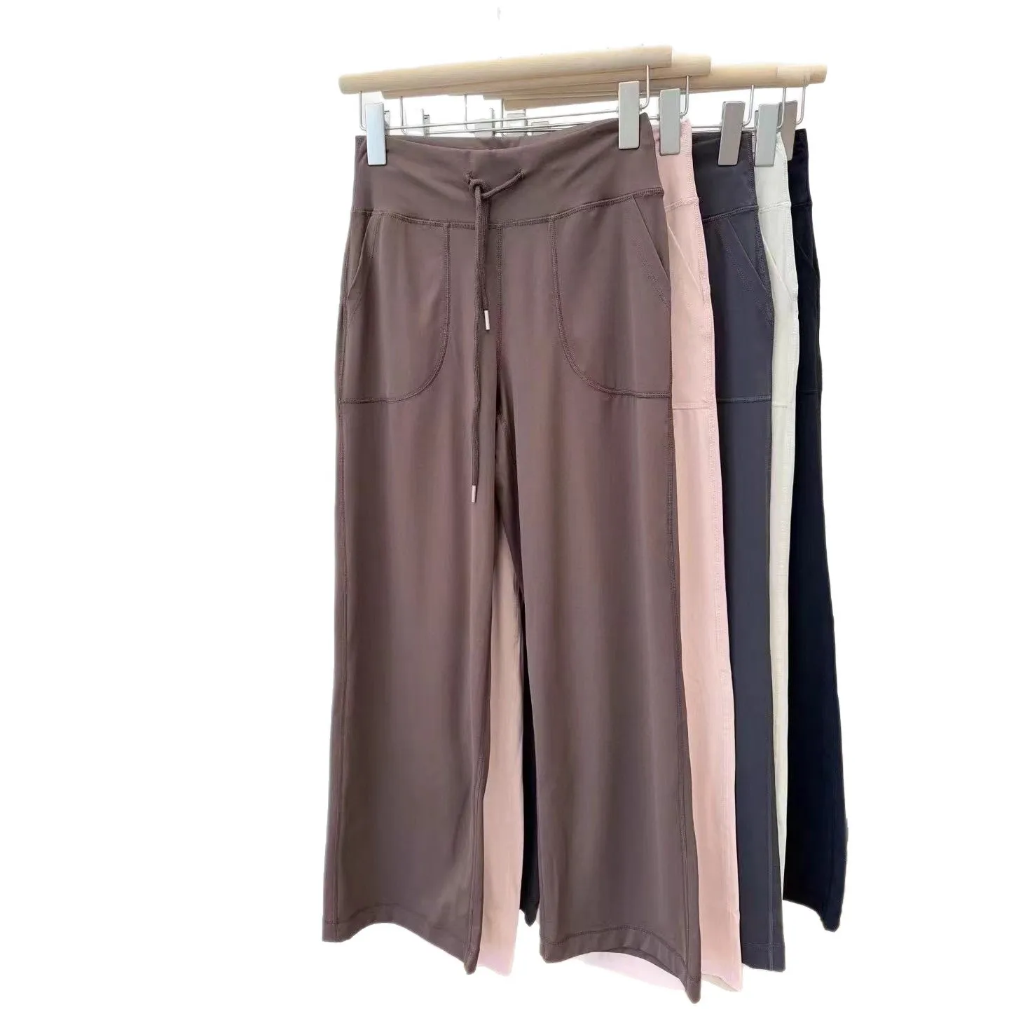 لولو ارتفاع الخصر ثنى بنطال ذو قصة أرجل واسعة المرأة الرباط مطاطا مستقيم قطع فضفاضة تناسب عادية بنطلون طويل 0875