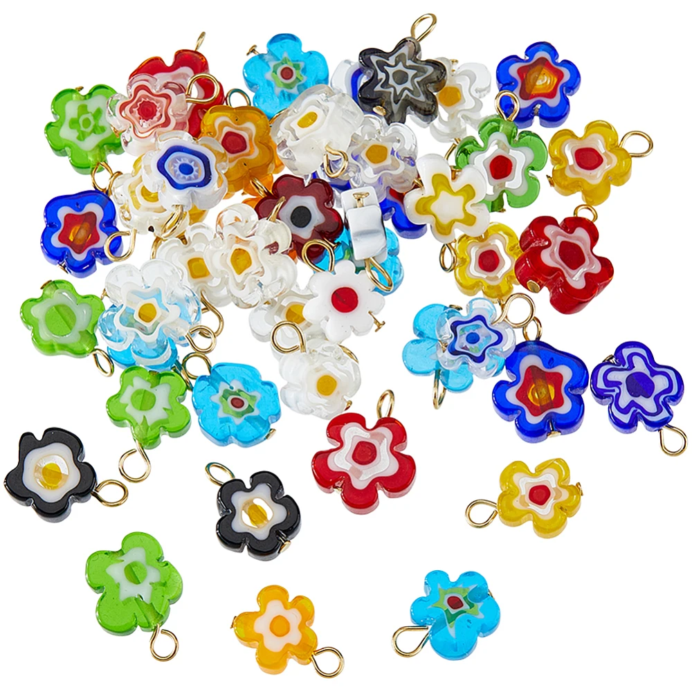 Millefiori Glass Charms Assorted Lampwork Floral Charms Glass Beads with Real 18K Gold Plated Flower Loop Bulk Bead