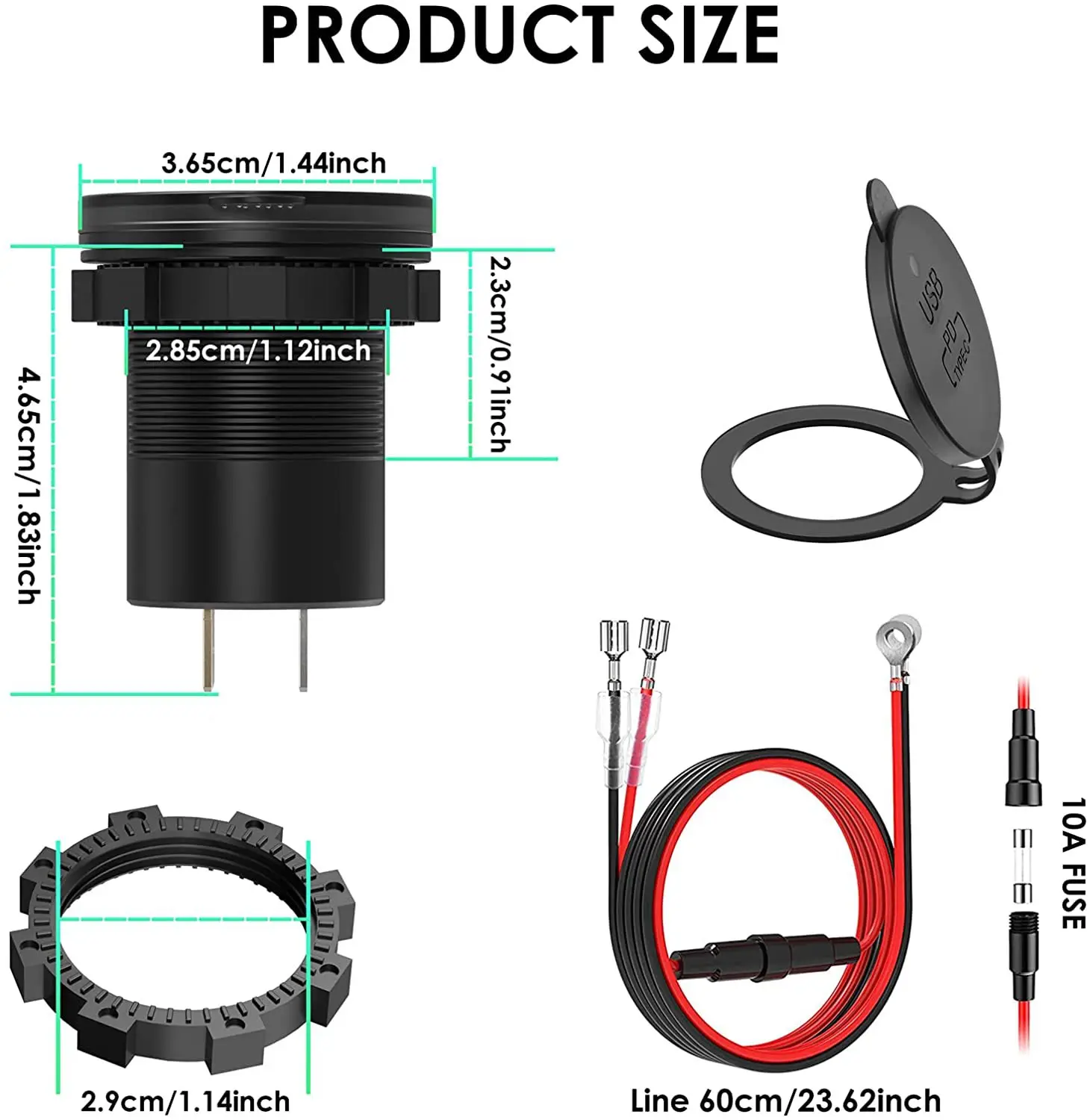 12V/24V Dual USB Car Charger Socket with LED Voltmeter ON OFF Switch QC3.0 PC Type C Waterproof Power Outlet for Car RV Truck