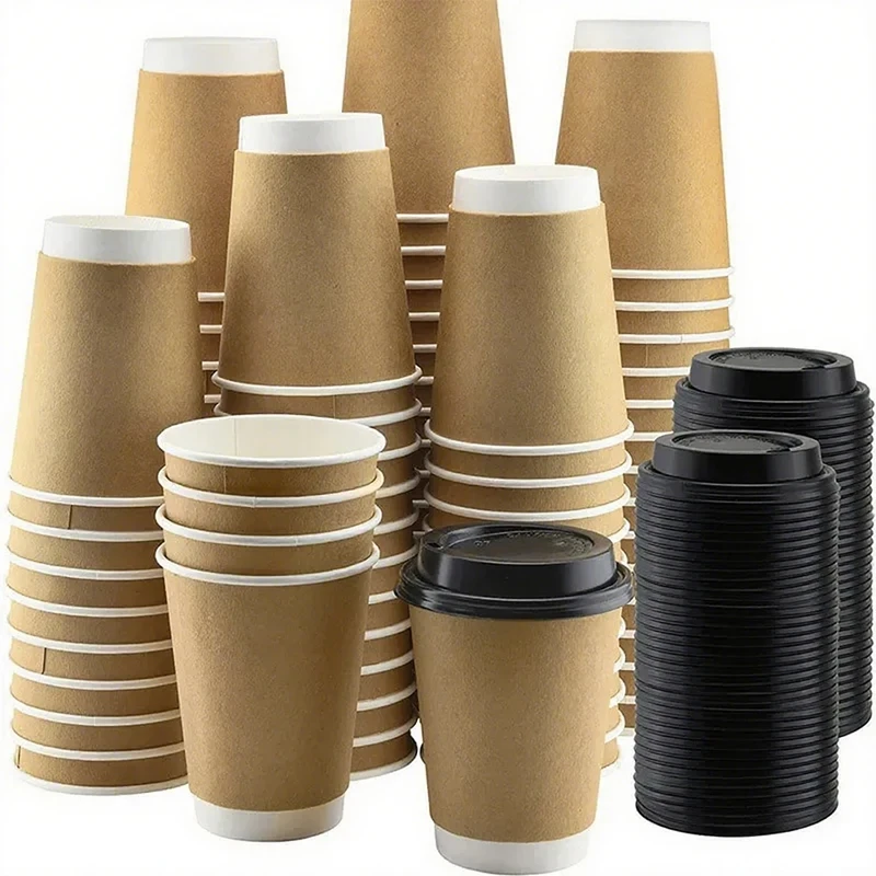 

8/10/12/16oz Disposable Kraft Paper Coffee Cup With Lid Hot Cold Beverage Party Accessorie Insulation Takeaway Double-Layer