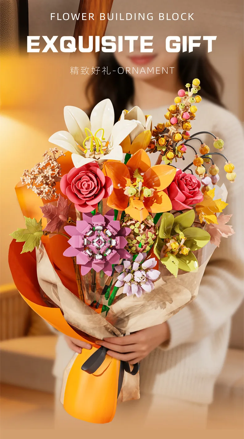 Blumen-Bausteine, Orchidee Cymbidium, Ewiger Blumenstrauß, Bausatz, botanisches Rosen- und Gänseblümchen-Modell, Mini-Bausteine, Spielzeug zur Heimdekoration – Detail 12