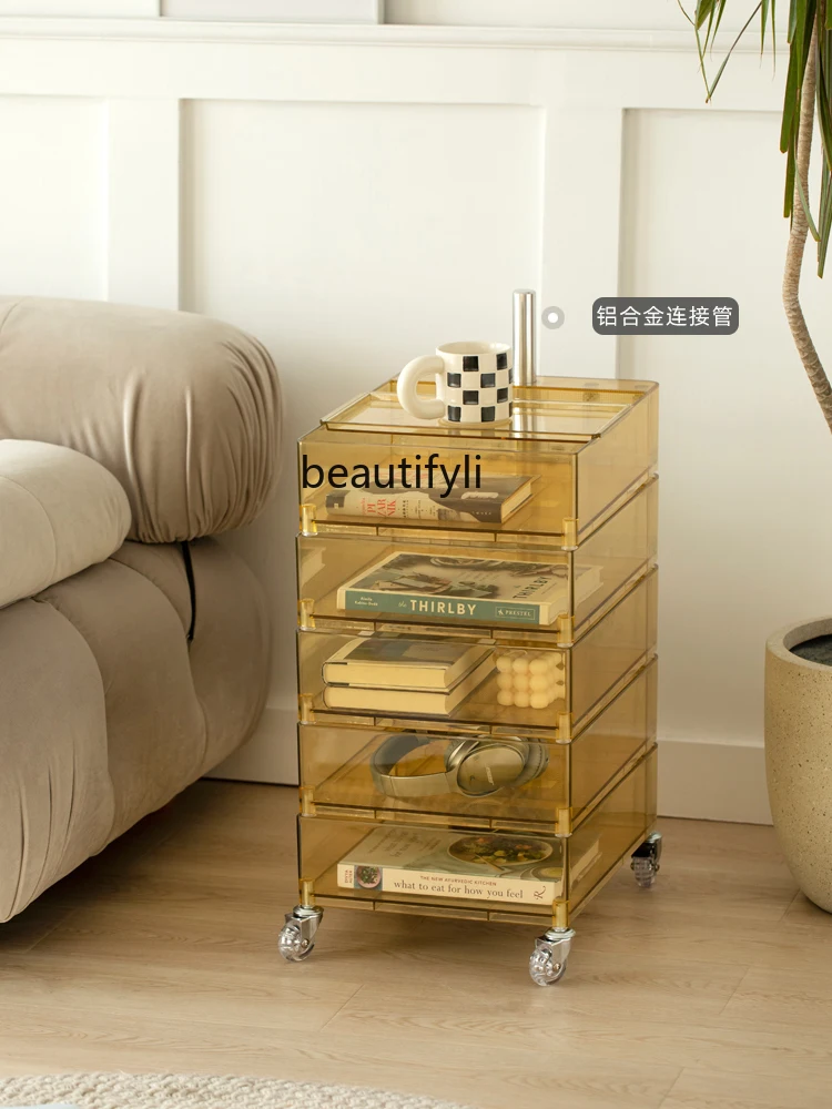 zqAcrylic Bedside Table Nordic Small Apartment Light Luxury Transparent Plastic Rotating Cabinet Mobile Storage Cabinet