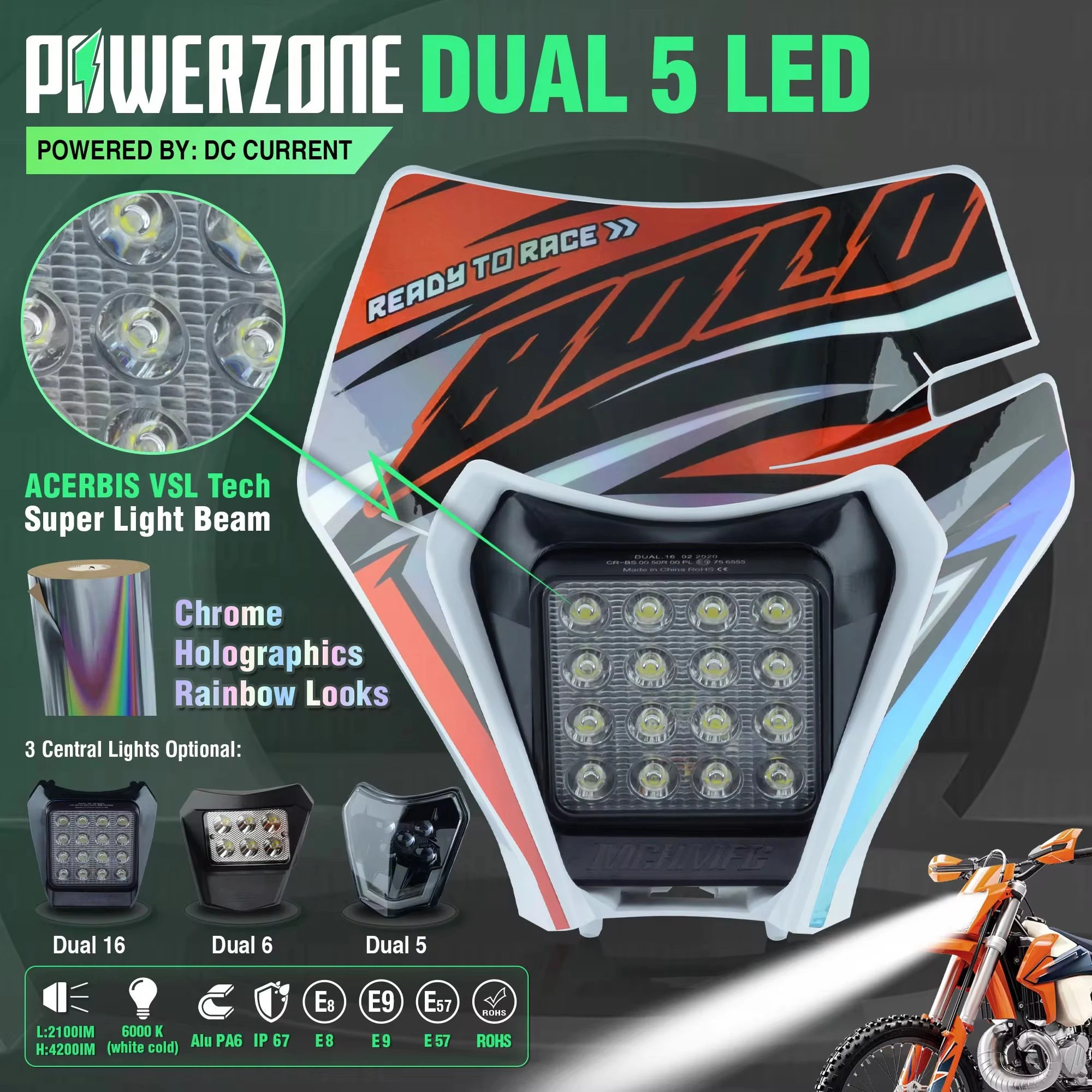 PowerZone Motorcycle LED Headlight Headlamp Head Lights Supermoto Fairing For KTM EXC SXF MX Dirt Bike Enduro LED Headlight