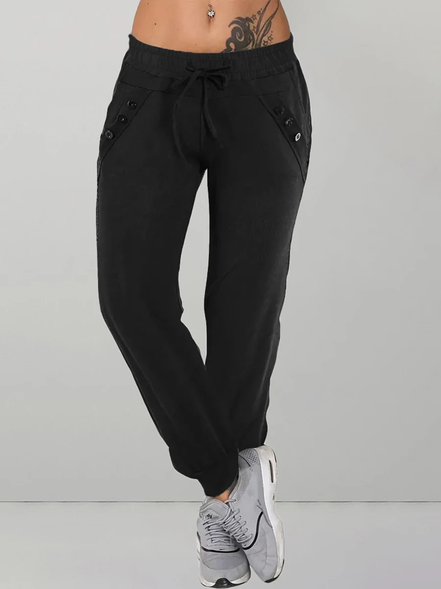 Women Black Joggers Casual Pants Elastic Drawstring Waist Side Button Detail Cuffed Hem Fashion Streetwear Comfy Loose Trousers
