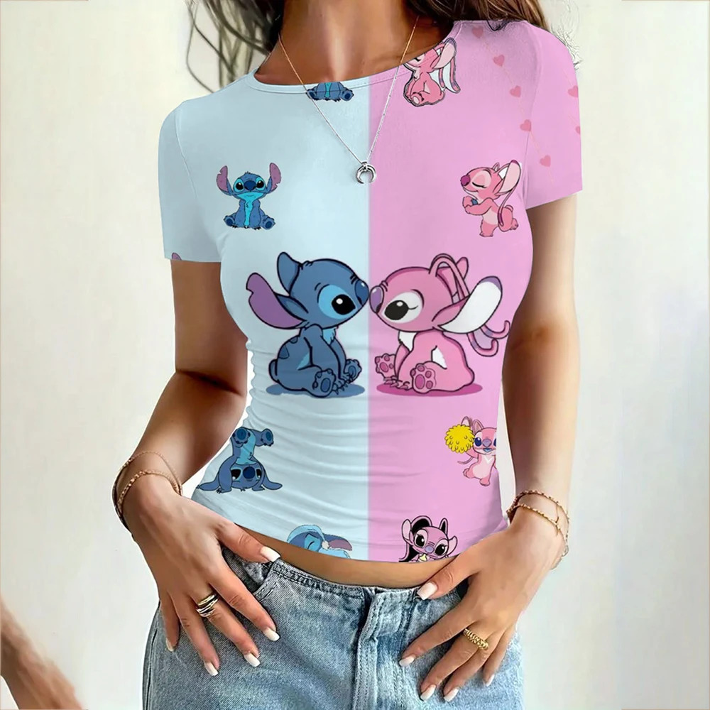 

Женская винтажная эластичная футболка с принтом RetroLilo & Stitch, женская тонкая укороченная футболка в рубчик, сексуальная футболка с коротким рукавом, футболка в стиле гранж, корейская S