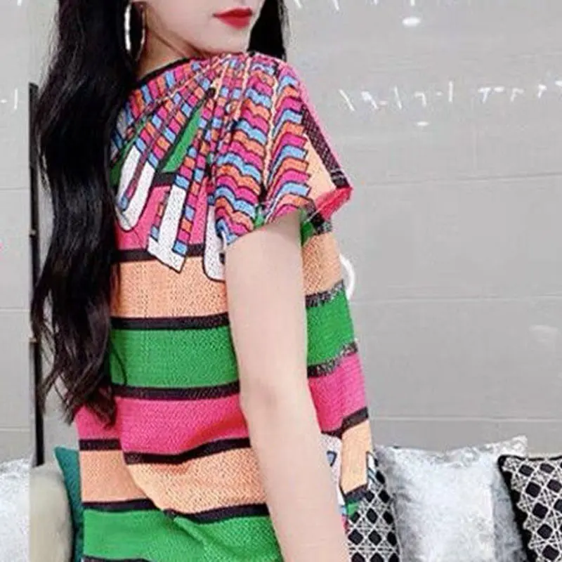 Vintage Contrasting Colors Striped Spliced T-shirt Women\'s Clothing Letter Printed Summer New Short Sleeve O-Neck Slim Pullovers