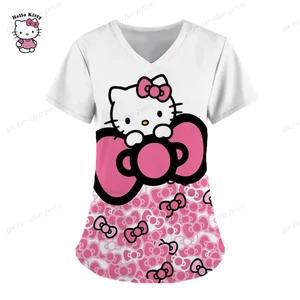 Frauen Taschen mit Ausschnitt gegen Uniform Krankenschwester, liebevolle Arbeiter t -Shirt, Krankenschwester Tops, klinische Arbeitskleidung, Kurzarm, gedruckte Oberteile, Hallo Kitty 6 Hauptverkäufe nach der Operation - №1