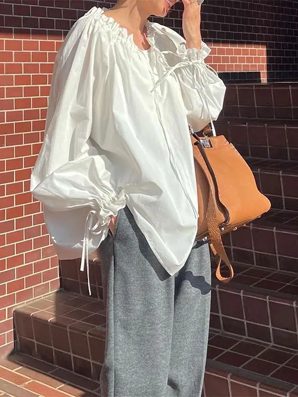 

Ele White Long Sve Women's irt Loose Fit Versatile Sle Wooden Design Classic round Collar Pure Color Top