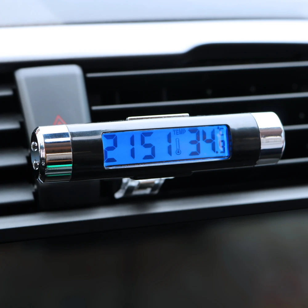 2 in 1 Auto Accessories Air Vent Outlet Thermometer Car Digital Time Clock LCD Display Screen Clip On Blue Backlight