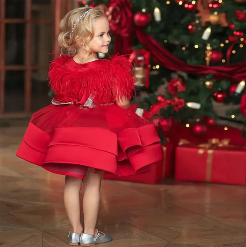 

Fluffy Red Little Princess Gown Feather Sleeve Child Tutu Birthday Dress Christmas Party Dress Kids Clothes