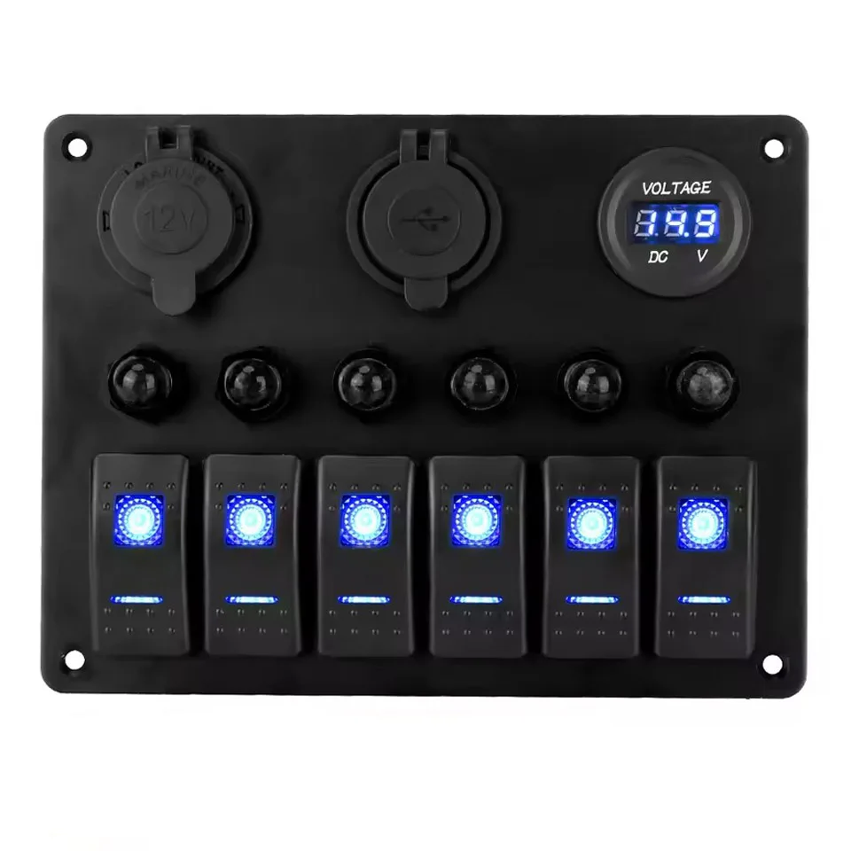 

6 Gang ON Off Rocker Switch Panel 12V Voltmeter Dual USB Charger 3.0 Cigar Lighter For RV Truck Boat