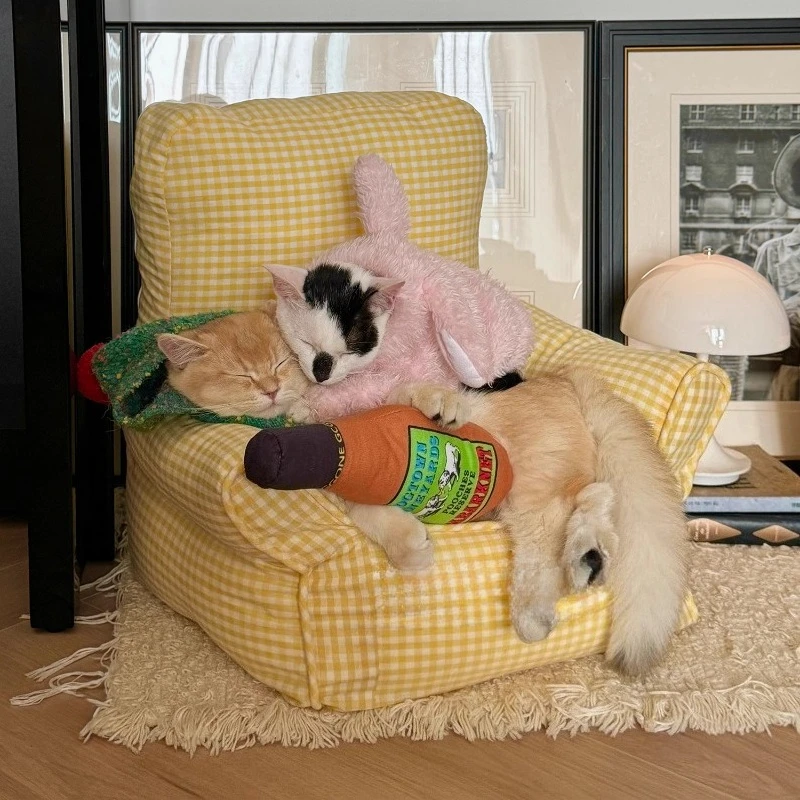 Sofa Hewan Peliharaan Gaya Korea Tempat Tidur Kucing Mini Kotak-kotak untuk Anjing Kecil Kursi Kain Dapat Dicuci Furnitur Hewan Peliharaan Kursi Hewan Peliharaan Anak-anak Nyaman