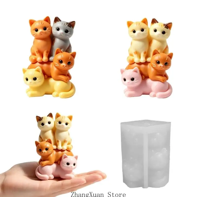 3D-Kerzenform aus Silikon mit vier geformten Katzen, Schichtdetail, flexibel, leicht zu lösen für duftendes Bastelprojekt 3XUF – Detail 3