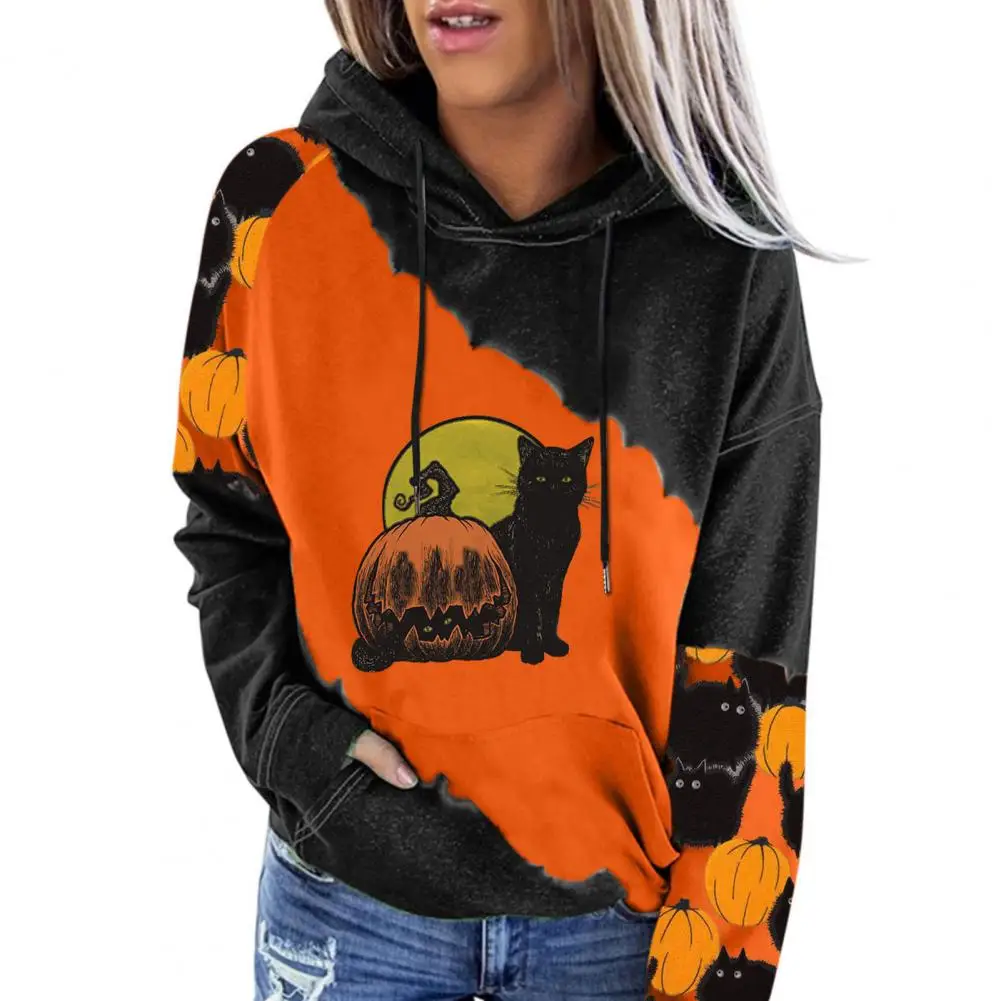 

Halloween Hoodie Drawstring Hooded Pockets Long Sleeves Loose Warm Pullover Pumpkin Print Casual Fall Hoodie for Daily Wear