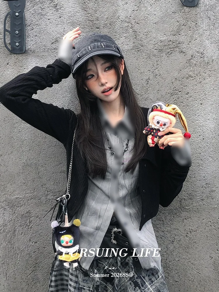 

American Sle Knitted Casual irt Women's Spring Faion Color Blo Fake Two-Piece High nce Sensation Loose Fit Top