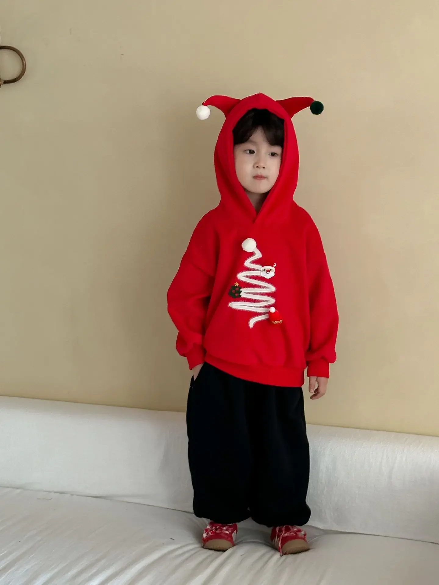 

Комплект для мальчиков, рождественская детская одежда, толстовка с капюшоном и штаны, повседневная зимняя детская одежда с праздничным принтом дерева