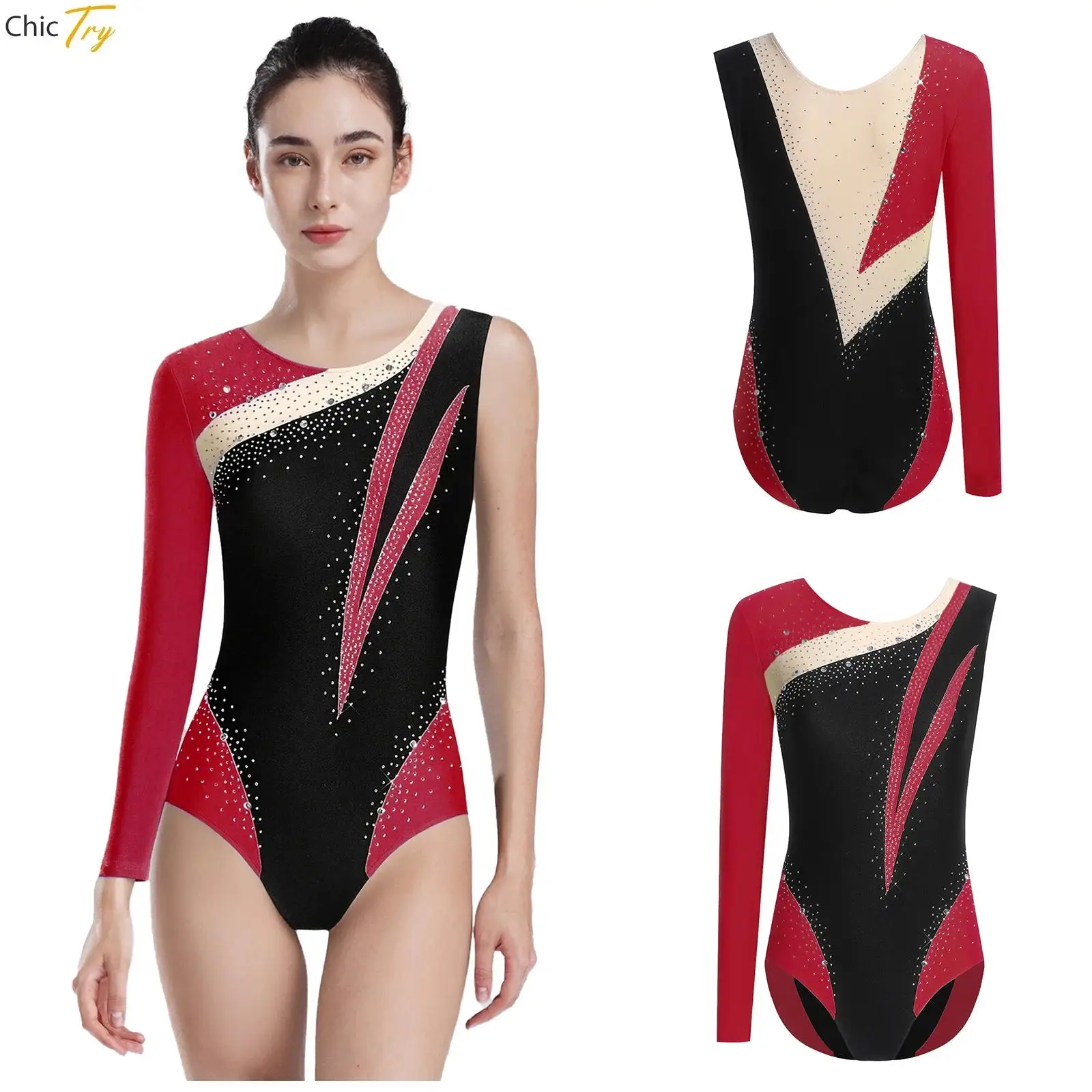 Justaucorps de danse de Ballet en strass brillant pour femmes, Costume de patinage artistique scintillant, manches simples, body de gymnastique transparent, vêtements de danse