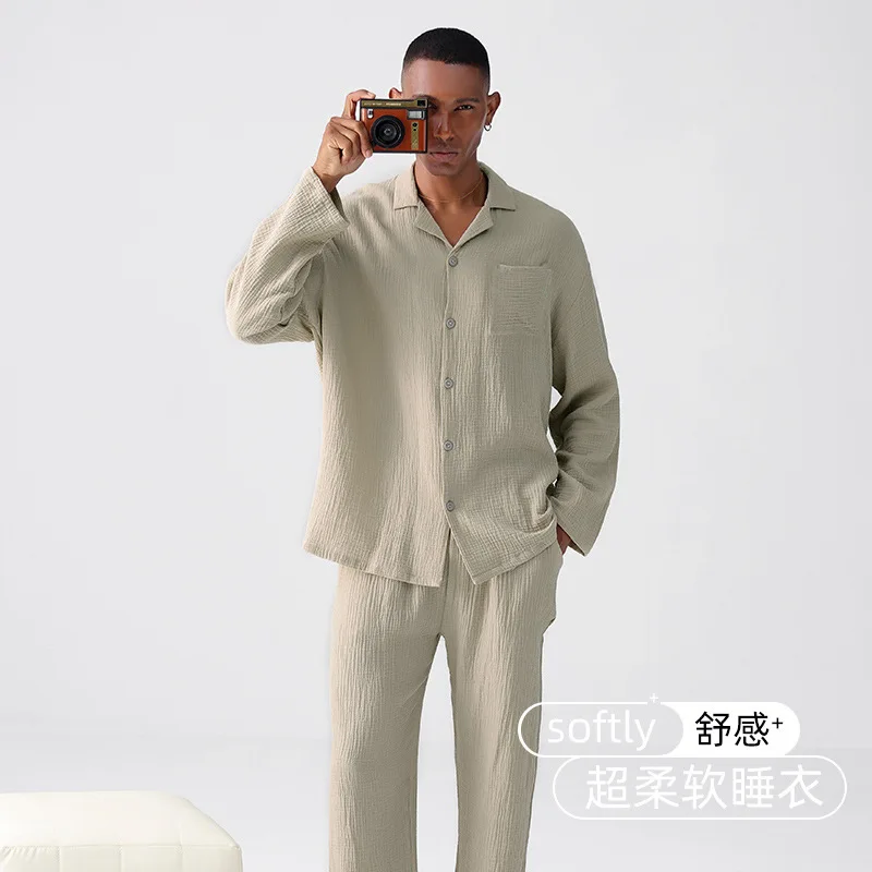 Men's Pure Cotton Pajamas Spring Autumn Woven Gauze Long Sleeve Thin Set Winter Comfortable Loungewear